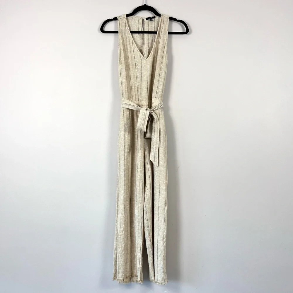 DREW x Anthropologie Striped Khaki Linen Blend Cropped Jumpsuit XS